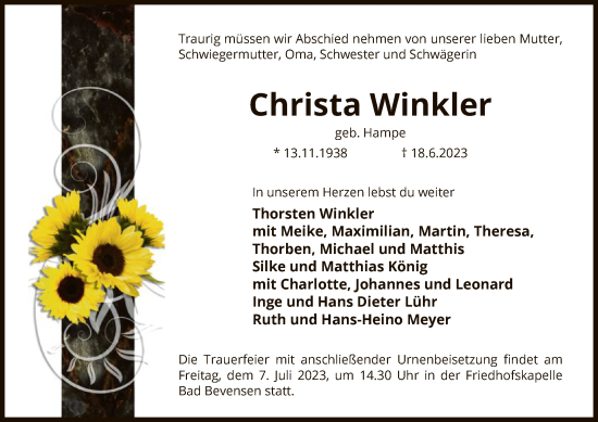 Traueranzeige von Christa Winkler von UEL