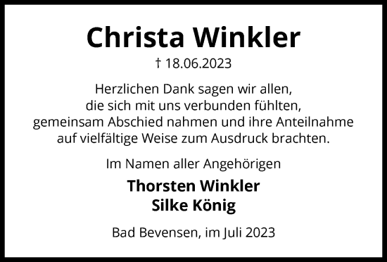 Traueranzeige von Christa Winkler von UEL