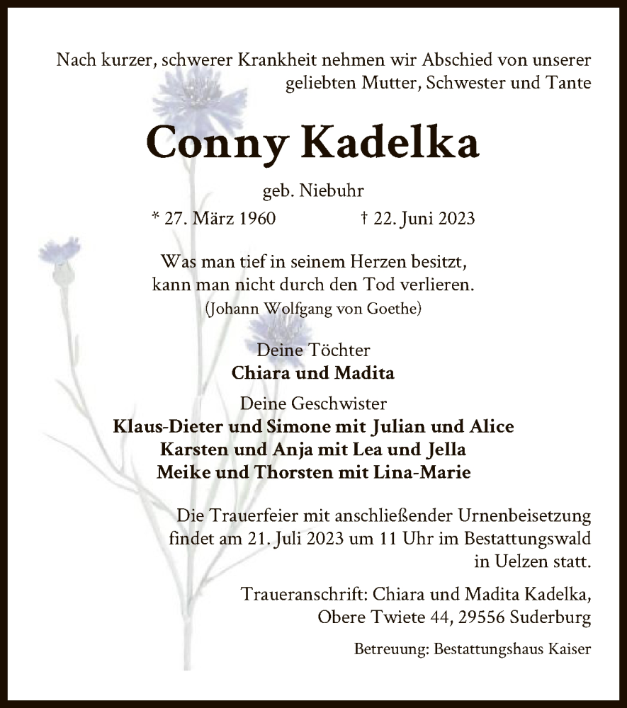  Traueranzeige für Conny Kadelka vom 08.07.2023 aus UEL