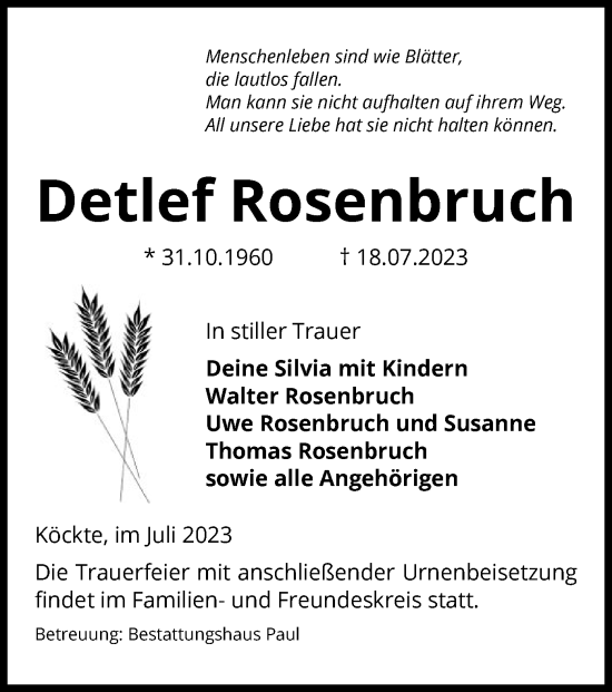 Traueranzeige von Detlef Rosenbruch von UEL