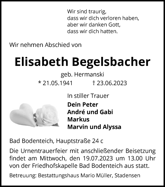 Traueranzeige von Elisabeth Begelsbacher von UEL