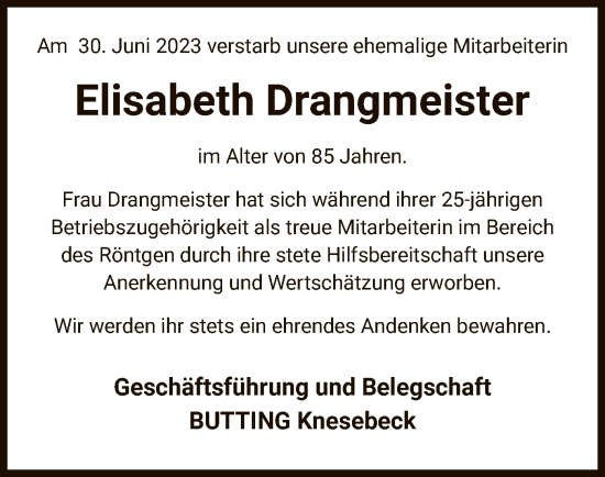 Traueranzeige von Elisabeth Drangmeister von UEL