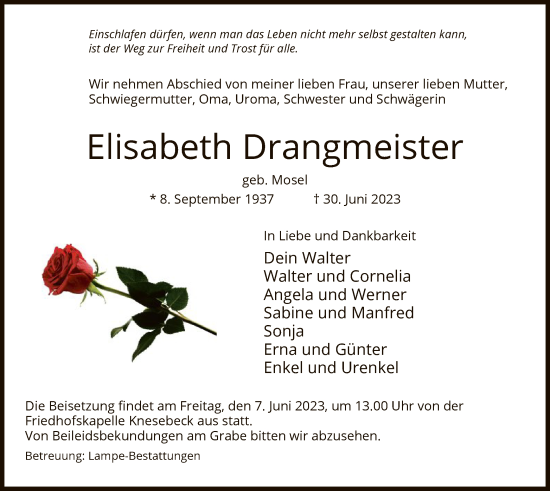 Traueranzeige von Elisabeth Drangmeister von UEL