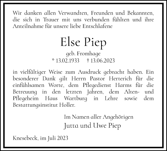 Traueranzeige von Else Piep von UEL