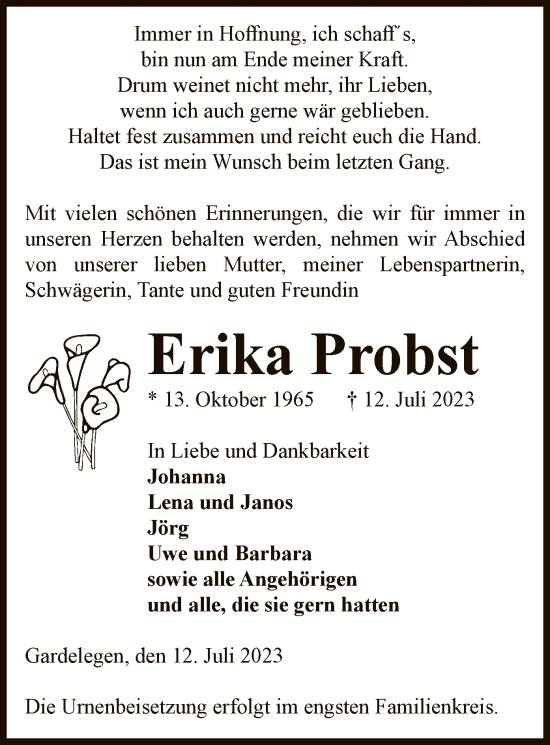 Traueranzeige von Erika Probst von UEL