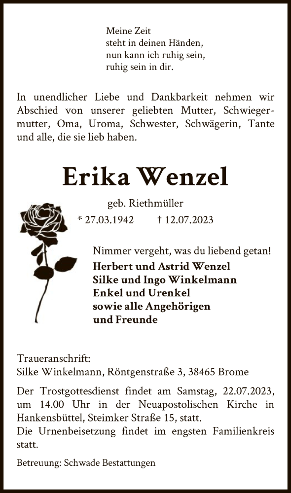  Traueranzeige für Erika Wenzel vom 15.07.2023 aus UEL