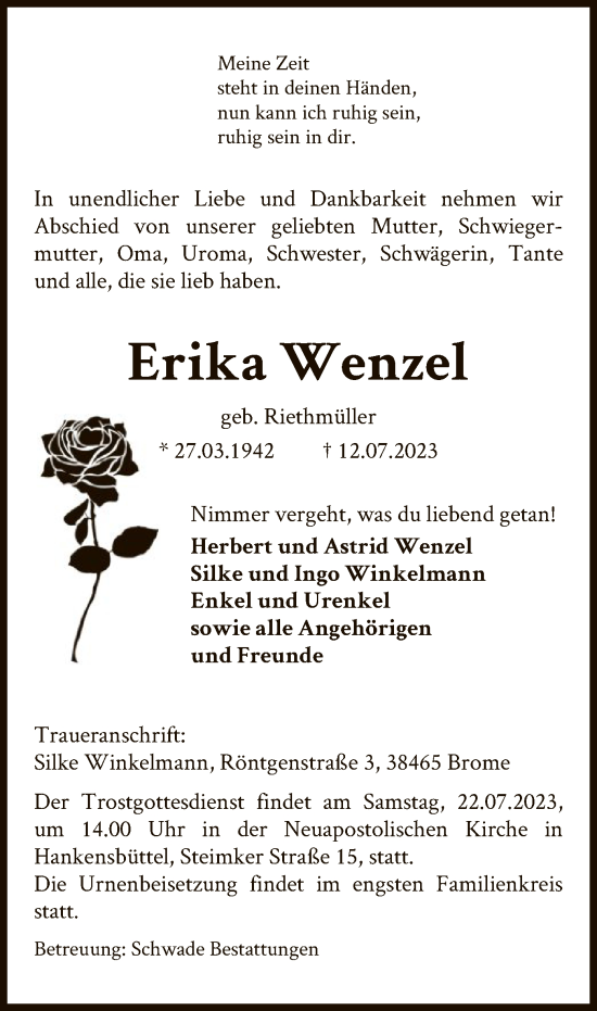 Traueranzeige von Erika Wenzel von UEL