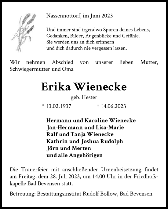 Traueranzeige von Erika Wienecke von UEL