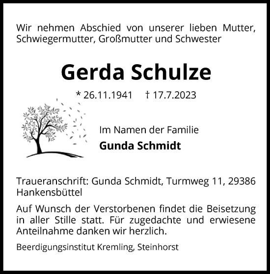 Traueranzeige von Gerda Schulze von UEL