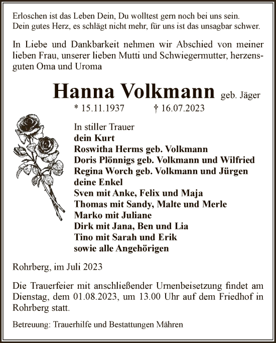 Traueranzeige von Hanna Volkmann von UEL