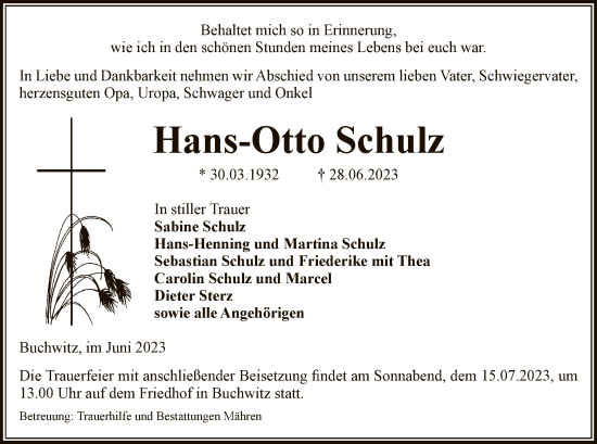 Traueranzeige von Hans-Otto Schulz von UEL