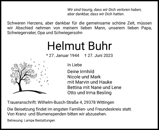 Traueranzeige von Helmut Buhr von UEL