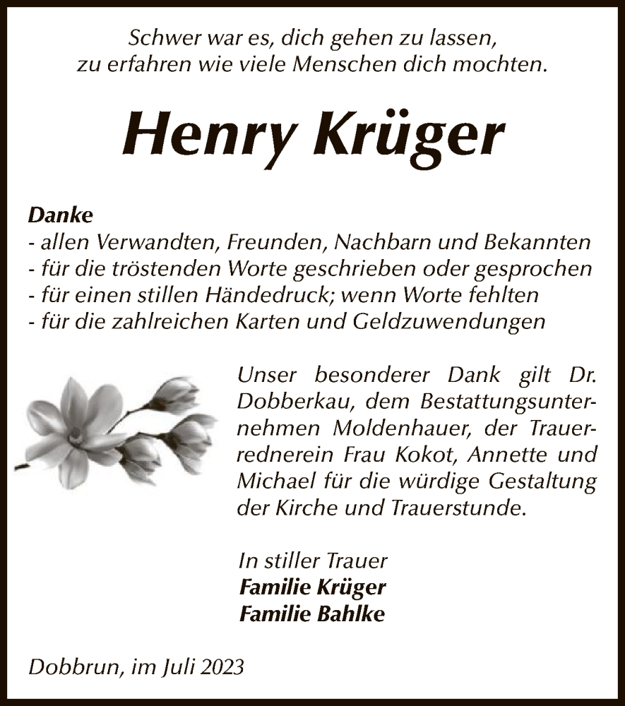  Traueranzeige für Henry Krüger vom 29.07.2023 aus UEL