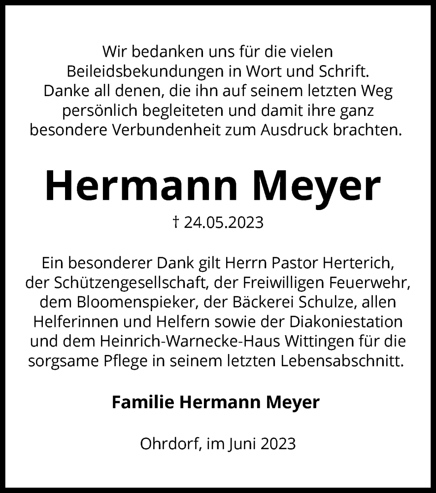  Traueranzeige für Hermann Meyer vom 01.07.2023 aus UEL