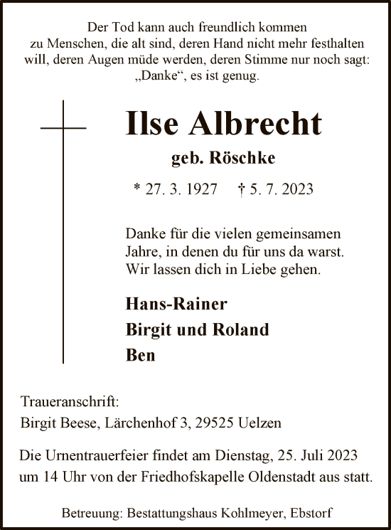 Traueranzeige von Ilse Albrecht von UEL