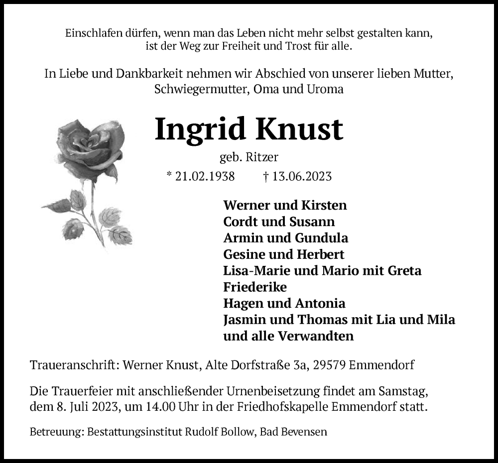  Traueranzeige für Ingrid knust vom 01.07.2023 aus UEL