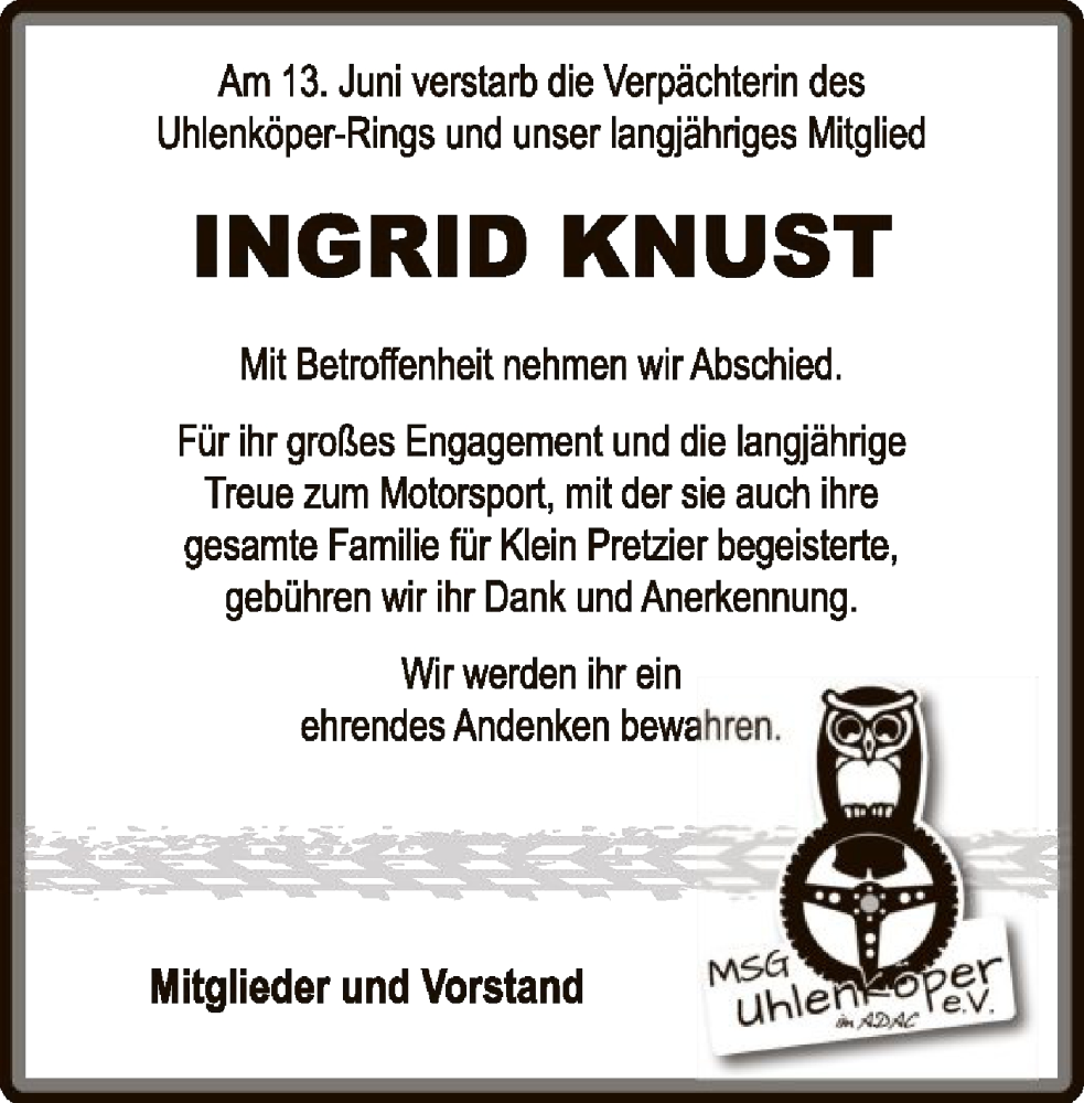  Traueranzeige für Ingrid knust vom 01.07.2023 aus UEL