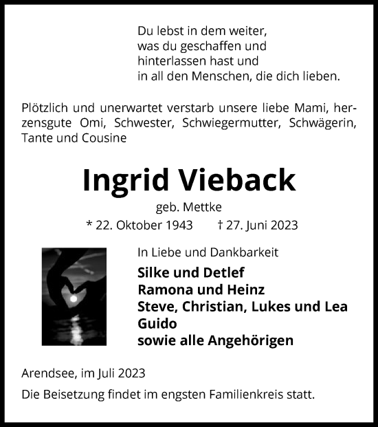 Traueranzeige von Ingrid Vieback von UEL