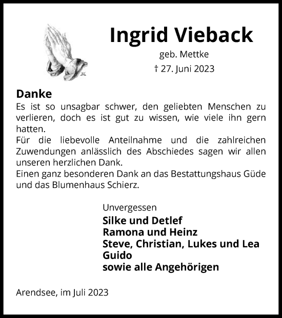 Traueranzeige von Ingrid Vieback von UEL