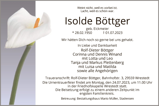 Traueranzeige von Isolde Böttger von UEL