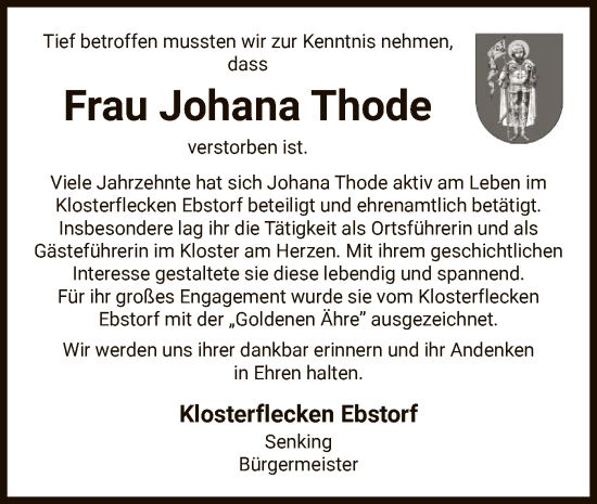 Traueranzeige von Johana Thode von UEL