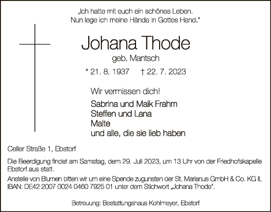 Traueranzeige von Johana Thode von UEL