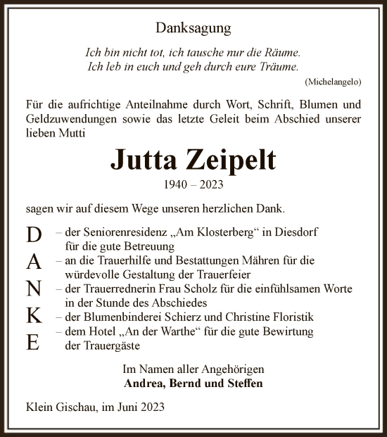 Traueranzeige von Jutta Zeipelt von UEL