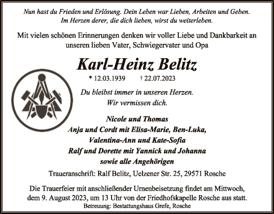 Traueranzeige von Karl-Heinz Belitz von UEL