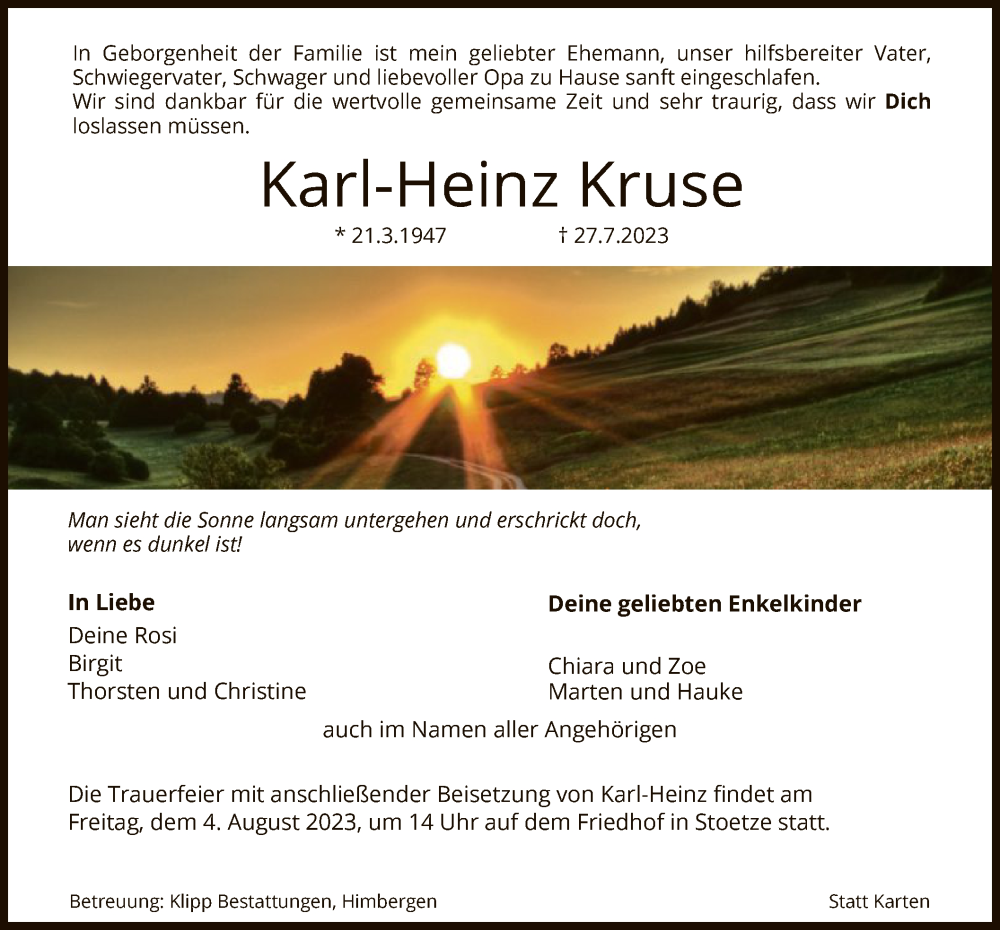  Traueranzeige für Karl-Heinz Kruse vom 29.07.2023 aus UEL