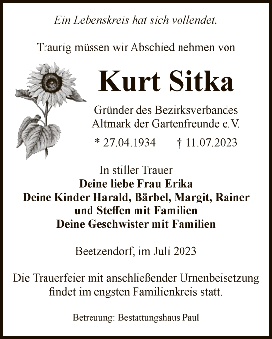 Traueranzeige von Kurt Sitka von UEL