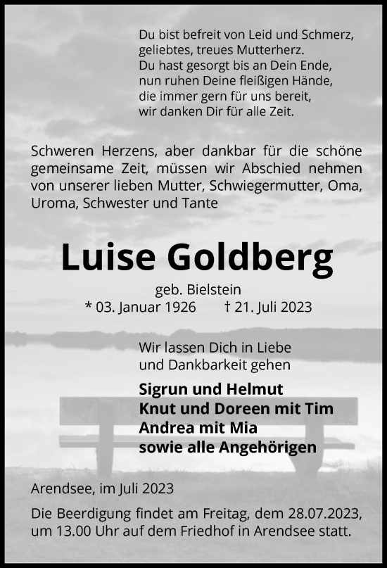 Traueranzeige von Luise Goldberg von UEL