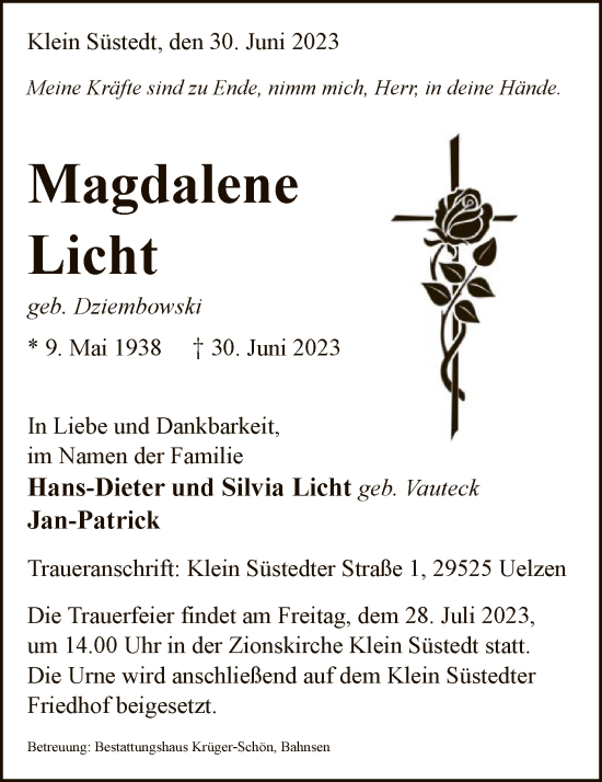 Traueranzeige von Magdalene Licht von UEL