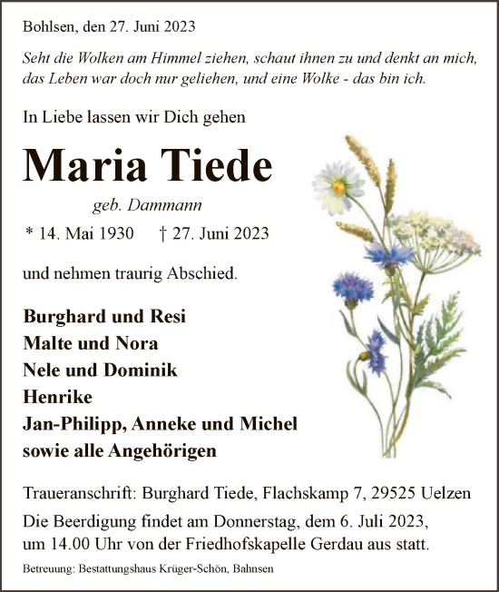 Traueranzeige von Maria Tiede von UEL