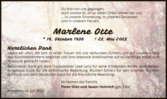 Traueranzeige von Marlene Otte von UEL