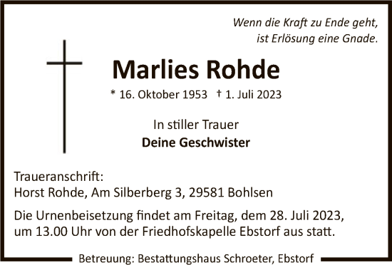 Traueranzeige von Marlies Rohde von UEL