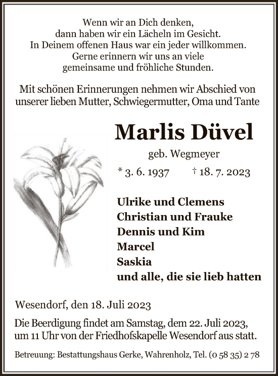 Traueranzeige von Marlis Düvel von UEL