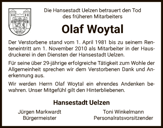 Traueranzeige von Olaf Woytal von UEL