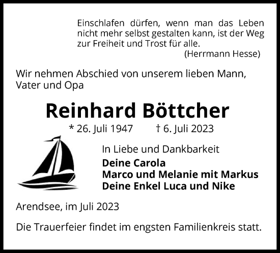 Traueranzeige von Reinhard Böttcher von UEL