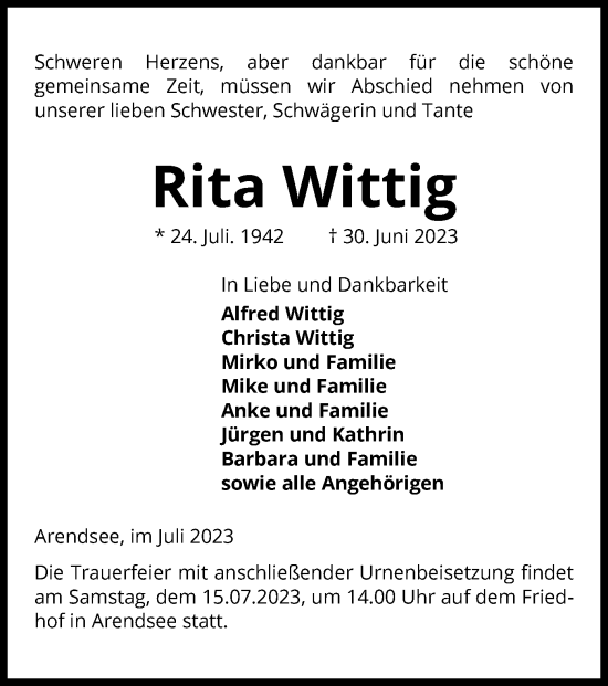 Traueranzeige von Rita Wittig von UEL