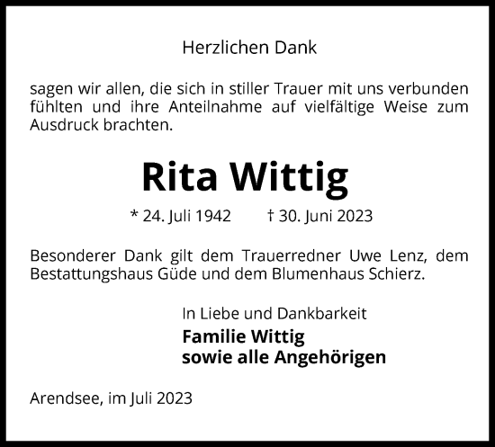 Traueranzeige von Rita Wittig von UEL