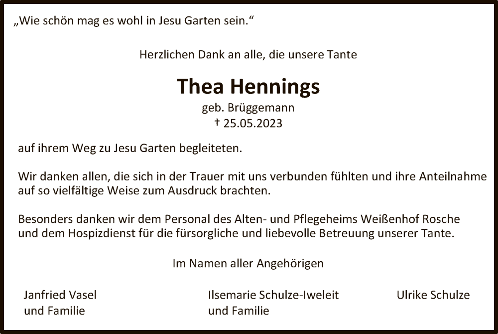  Traueranzeige für Thea Hennings vom 01.07.2023 aus UEL