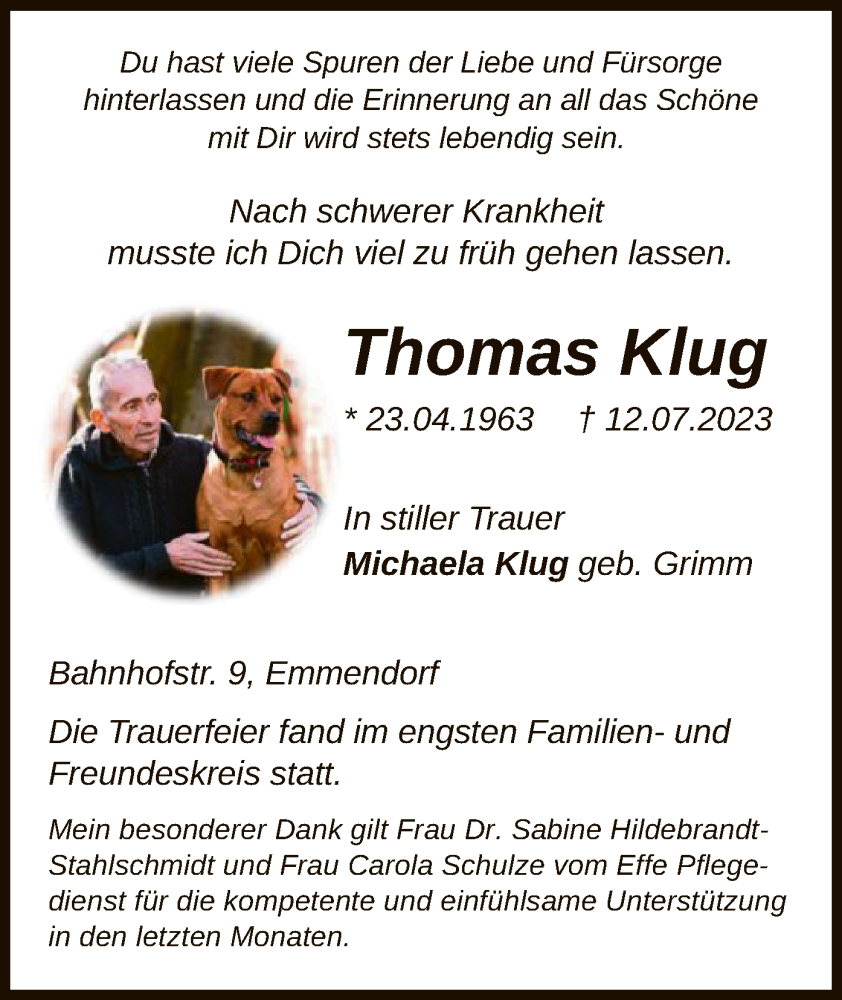  Traueranzeige für Thomas Klug vom 29.07.2023 aus UEL