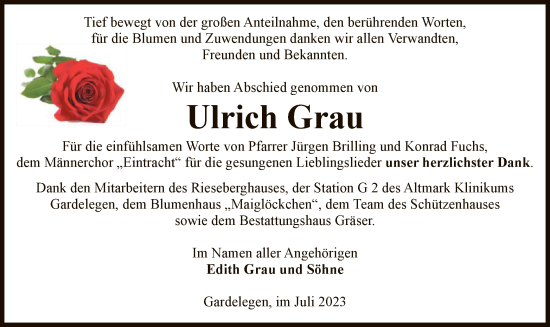 Traueranzeige von Ulrich Grau von UEL