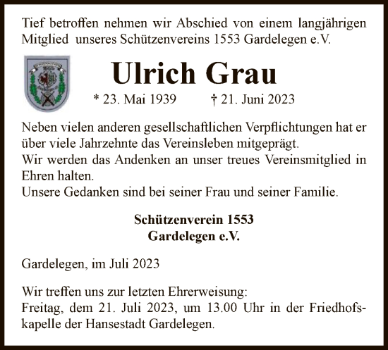 Traueranzeige von Ulrich Grau von UEL