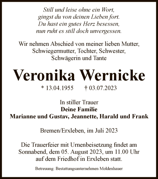 Traueranzeige von Veronika Wernicke von UEL