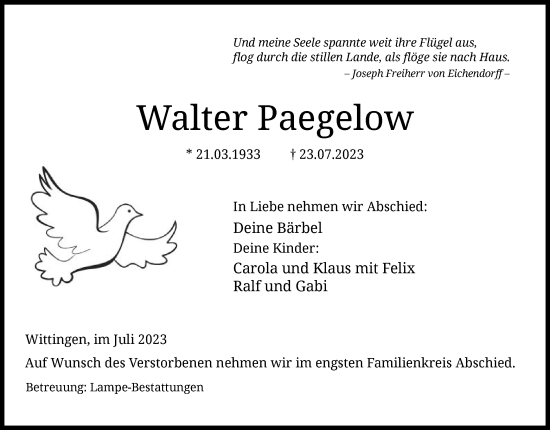 Traueranzeige von Walter Paegelow von UEL
