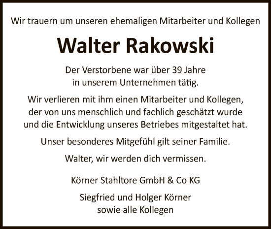 Traueranzeige von Walter Rakowski von UEL