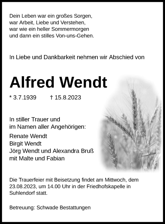 Traueranzeige von Alfred Wendt von UEL