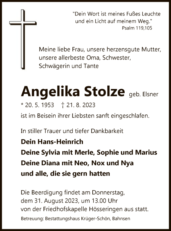 Traueranzeige von Angelika Stolze von UEL