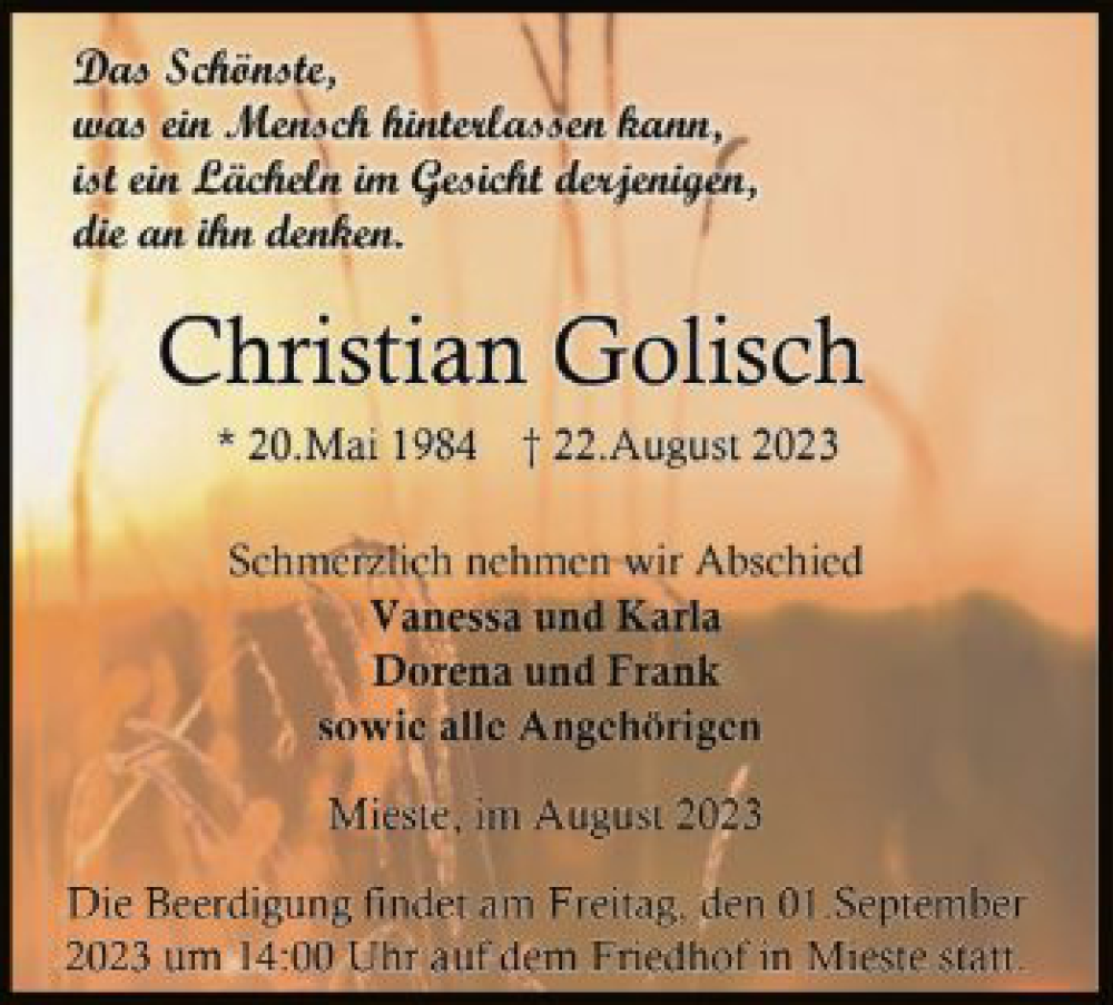  Traueranzeige für Christian Golisch vom 26.08.2023 aus UEL